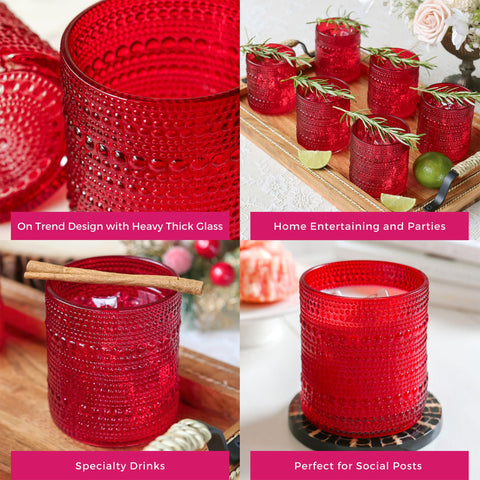 Kate Aspen Vasos rojos con cuentas - Juego vintage de 6 copas de 10 onzas para cócteles, jugos o agua