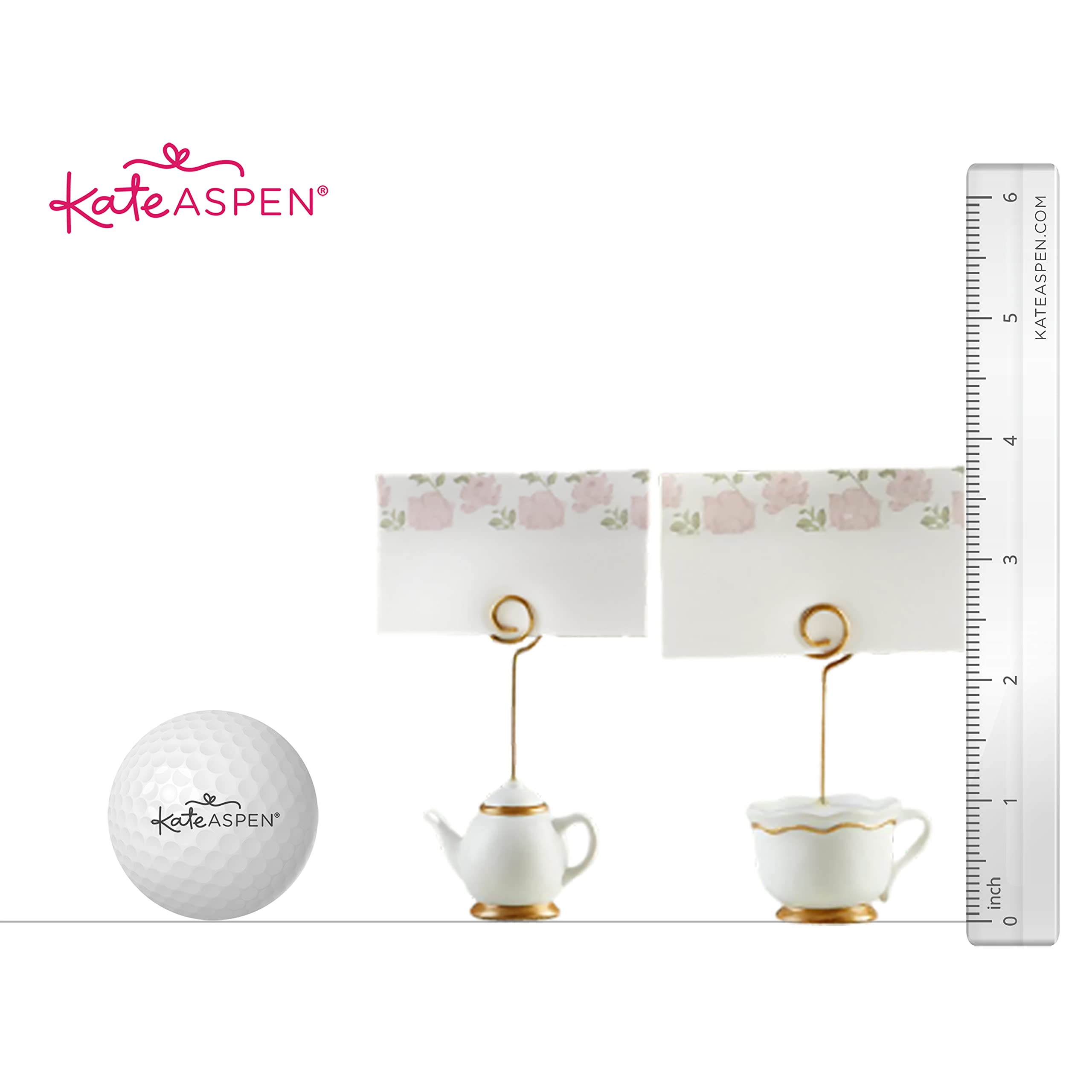 Kate Aspen Hora del Té Capricho: taza porta-tarjetas rosa, toque romántico en la mesa.