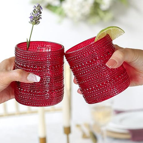 Kate Aspen Vasos rojos con cuentas - Juego vintage de 6 copas de 10 onzas para cócteles, jugos o agua