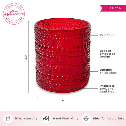 Kate Aspen Vasos rojos con cuentas - Juego vintage de 6 copas de 10 onzas para cócteles, jugos o agua