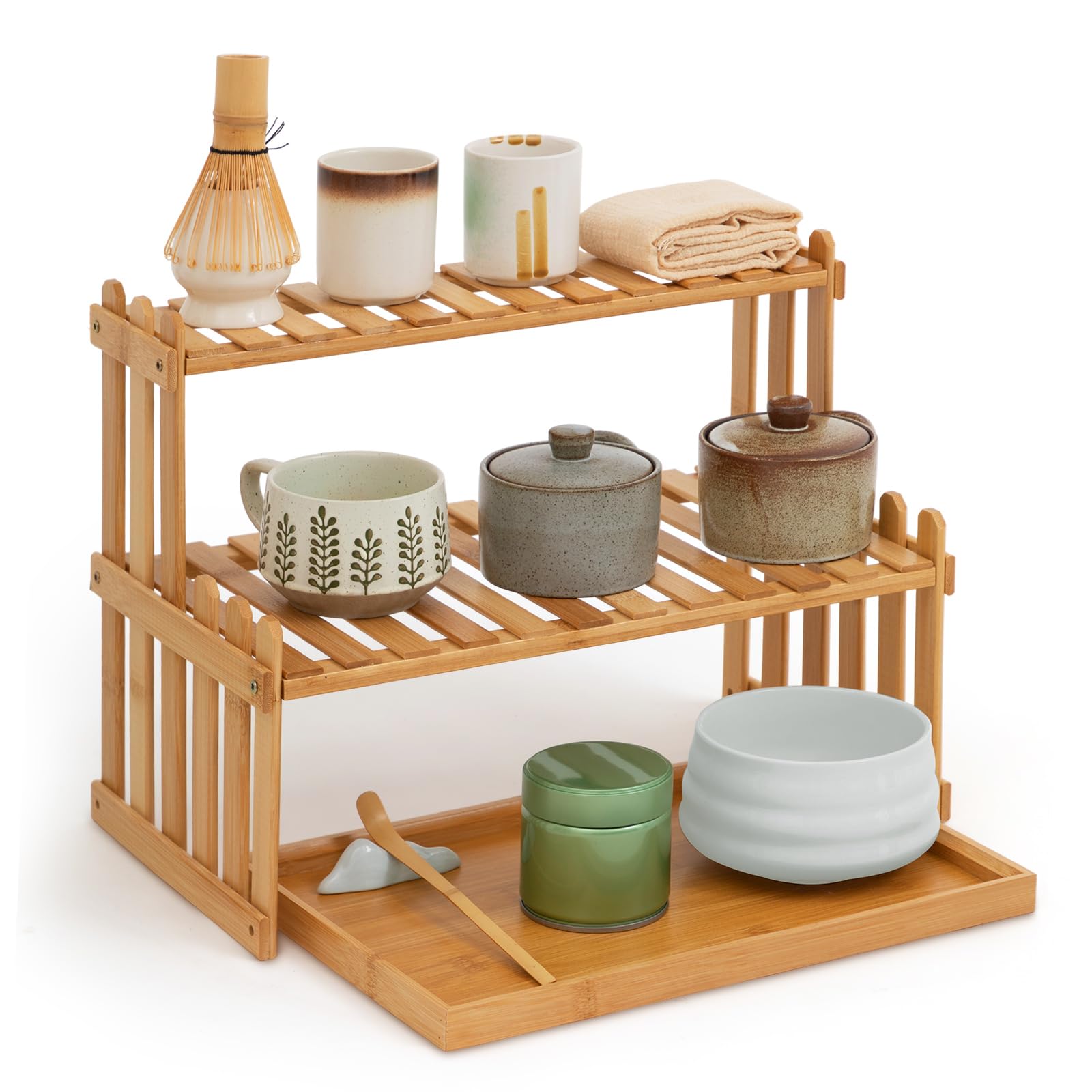 Kathfly estante matcha dos niveles, ideal para organización de utensilios de té.