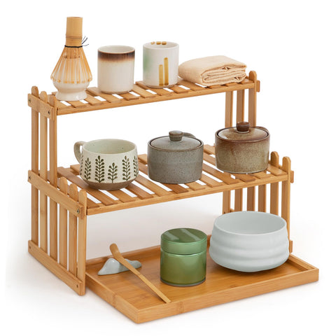 Kathfly estante matcha dos niveles, ideal para organización de utensilios de té.