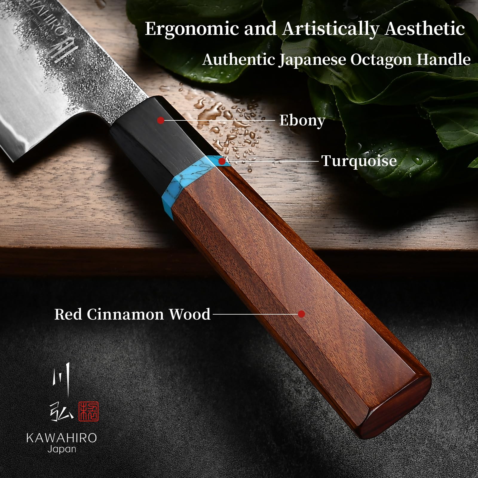Artesanía maestra de Kawahiro en cuchillo japonés, acabado refinado.