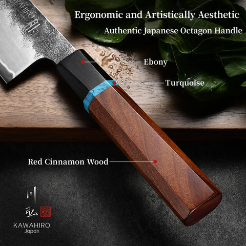 Artesanía maestra de Kawahiro en cuchillo japonés, acabado refinado.