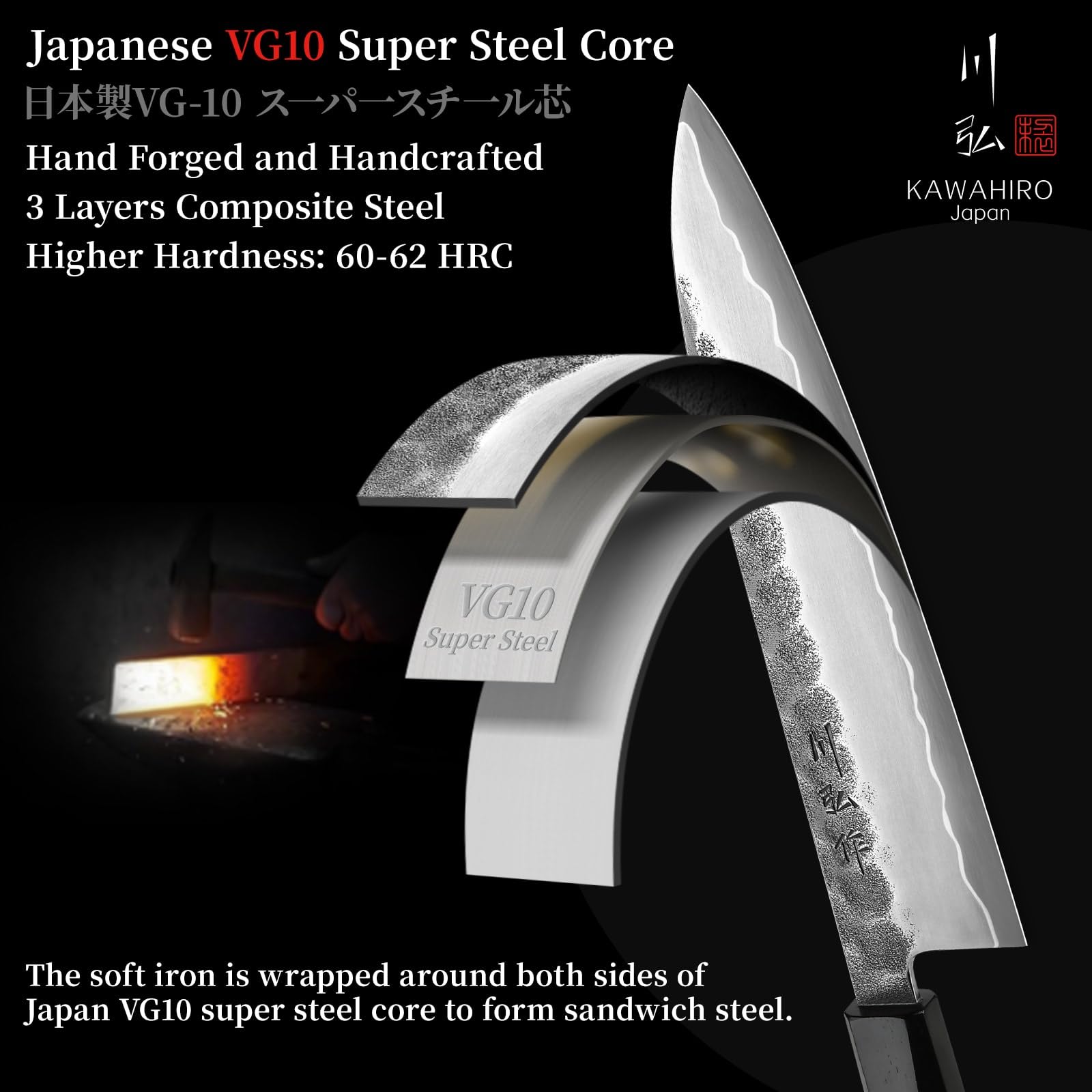 Equilibrio preciso en el cuchillo Kawahiro, diseño japonés para control total.