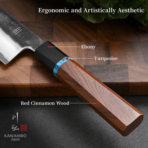KAWAHIRO Santoku: dimensiones de 7 pulgadas para versatilidad.