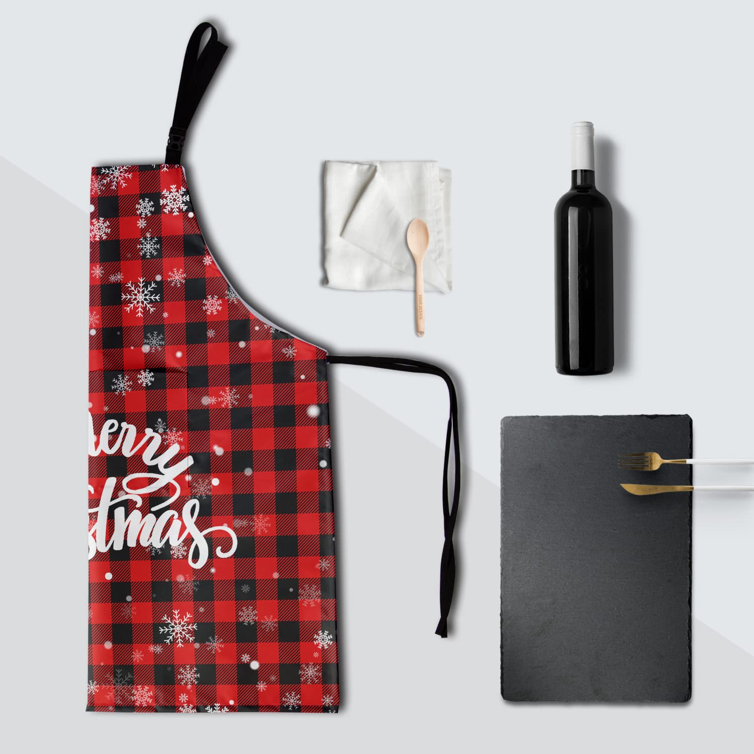 Delantal Kawani diseño de cuadros búfalo, estilo festivo en la cocina.