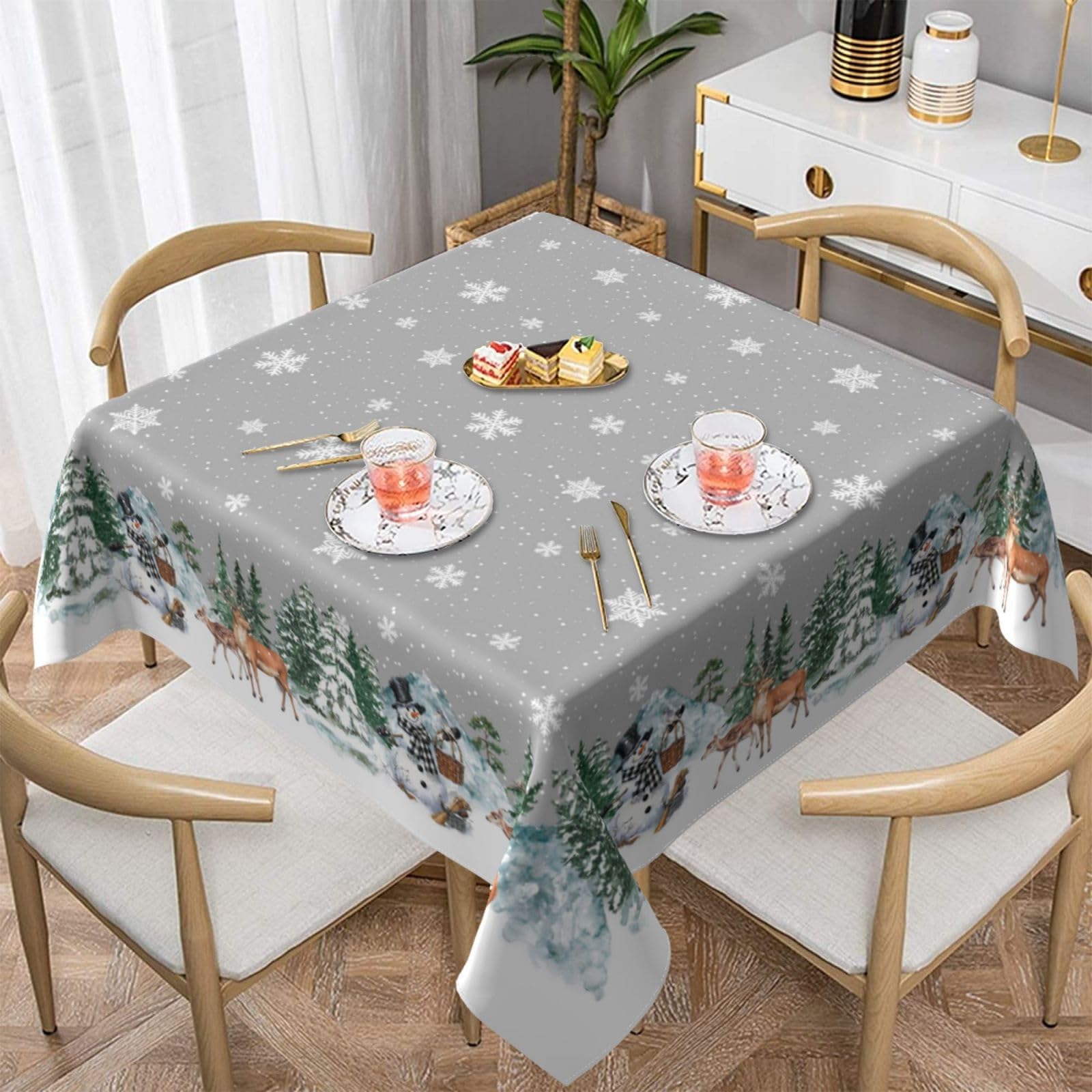 Mantel Kawani: escena invernal con ciervos y copos de nieve, ideal para la mesa