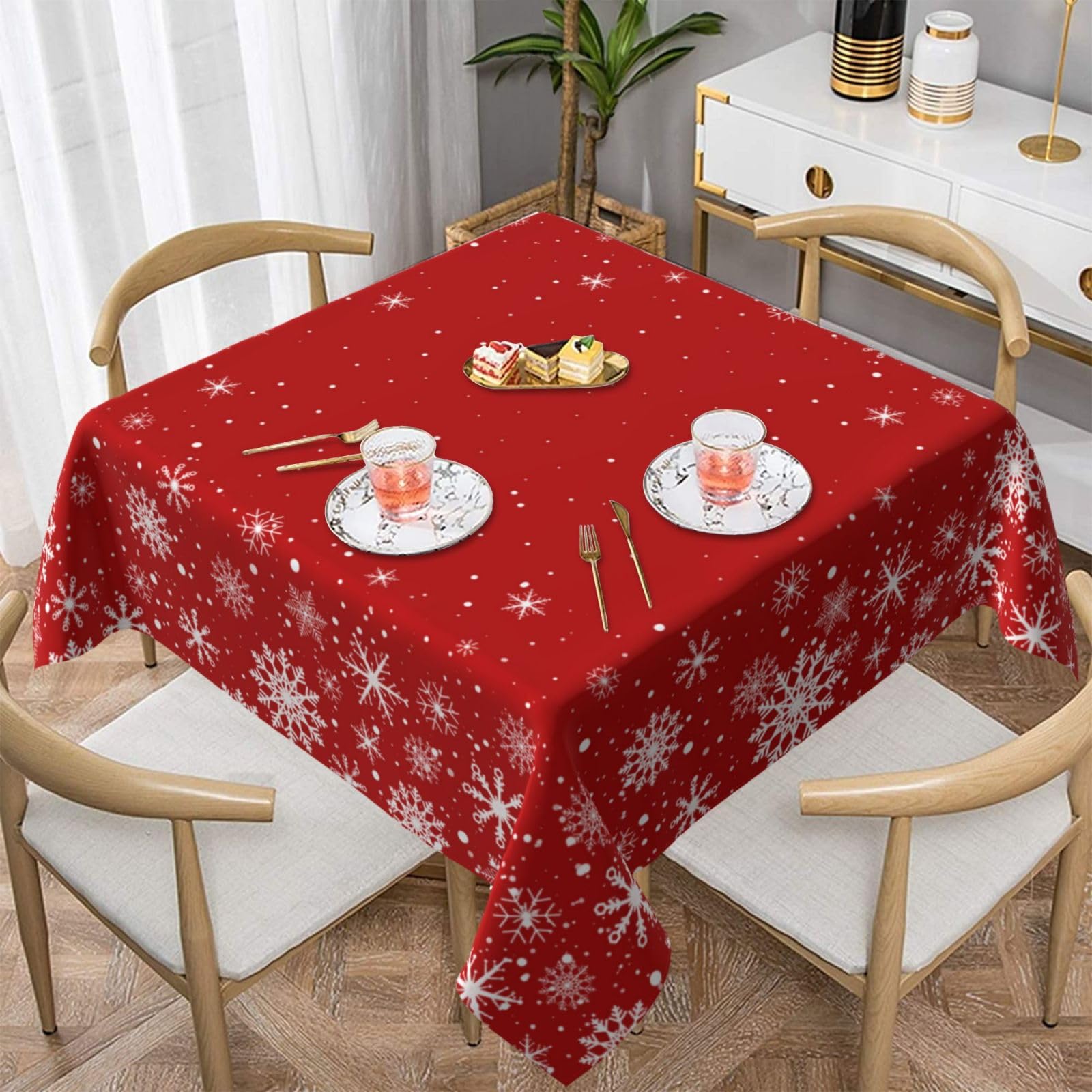 Mantel Kawani navidad cuadrado rojo con nieve, protege la mesa durante la cena festiva.