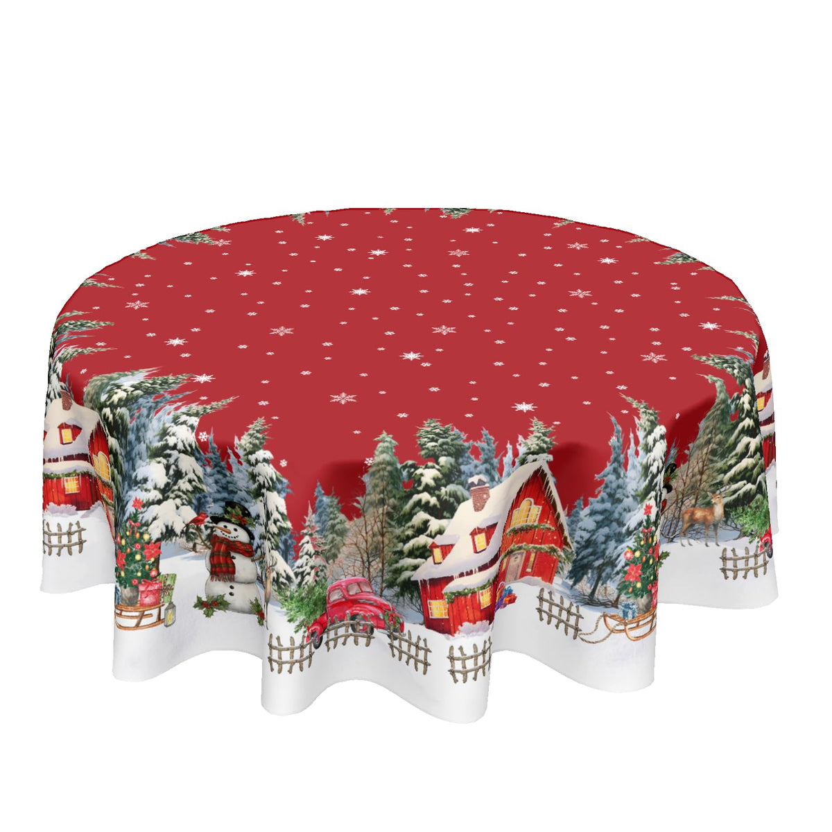 Mantel Kawani redondo 70 pulgadas con muñeco de nieve, ideal para mesas festivas