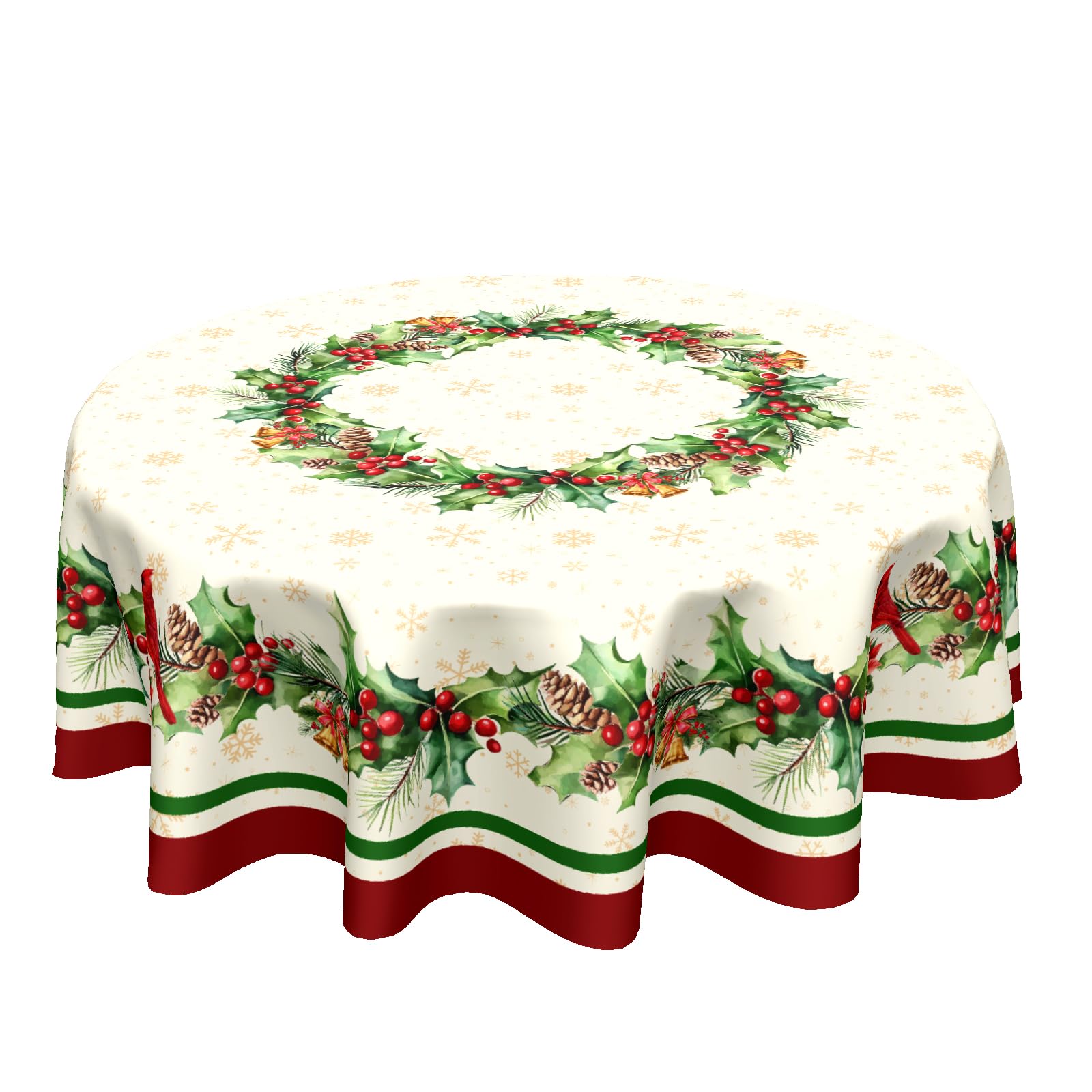 Mantel Kawani navideño redondo de 60 pulgadas con acebo y pajaros acuarela.