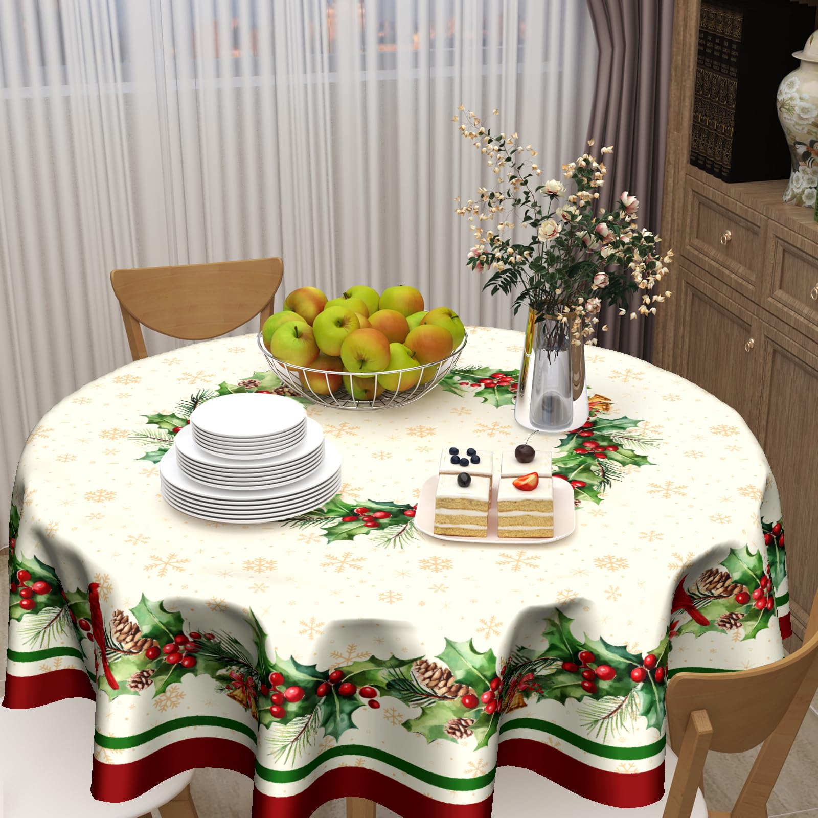 Mantel redondo Kawani con dibujo de nieve, estilo festivo.