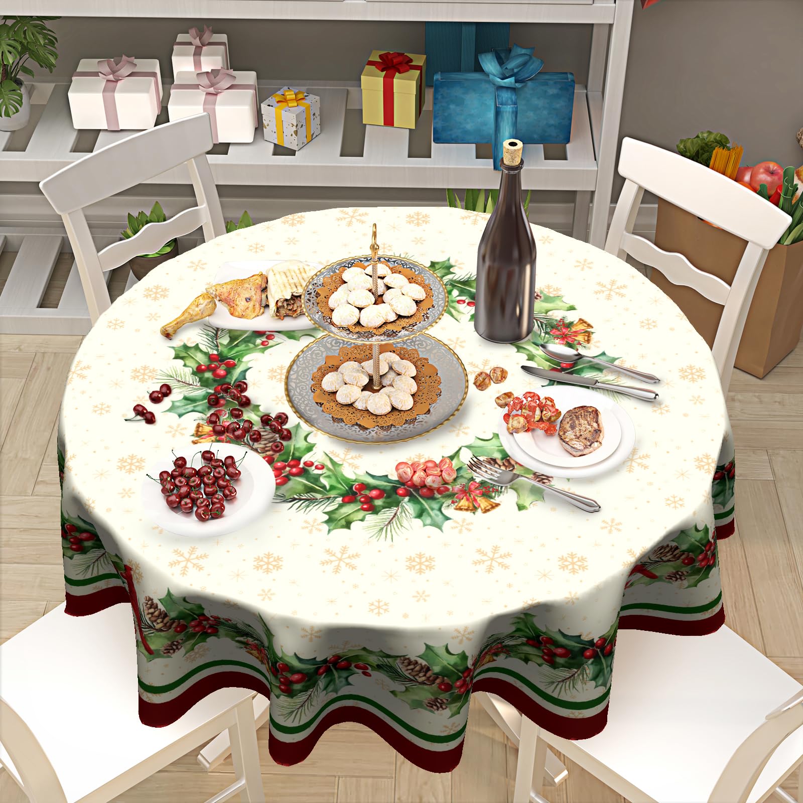 Kawani mantel navideño, motivo navideno para fiestas.