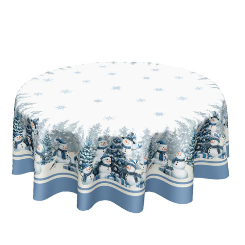 Kawani mantel redondo 70p con diseño de nieve azul para mesa festiva.