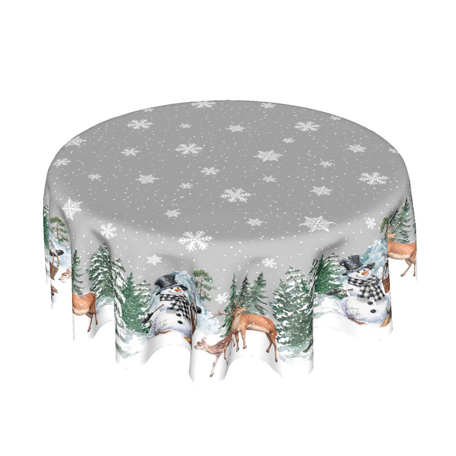 Mantel Kawani redondo con copos de nieve; ideal para cenas festivas y protección de la mesa.