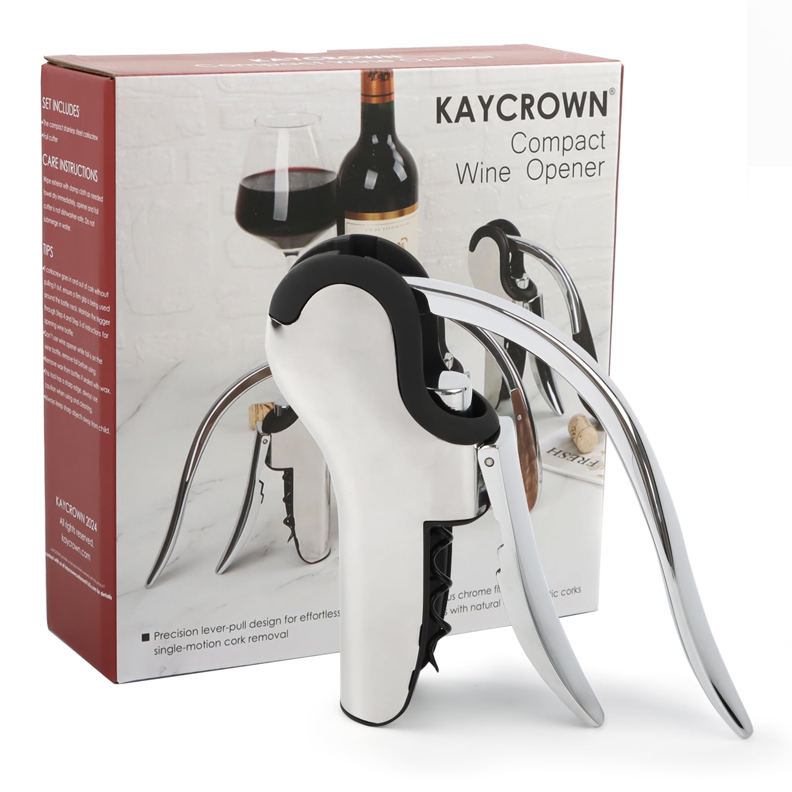 Kaycrown abridor de vino con palanca vertical y cortador integrado, facilita abrir botellas sin esfuerzo.