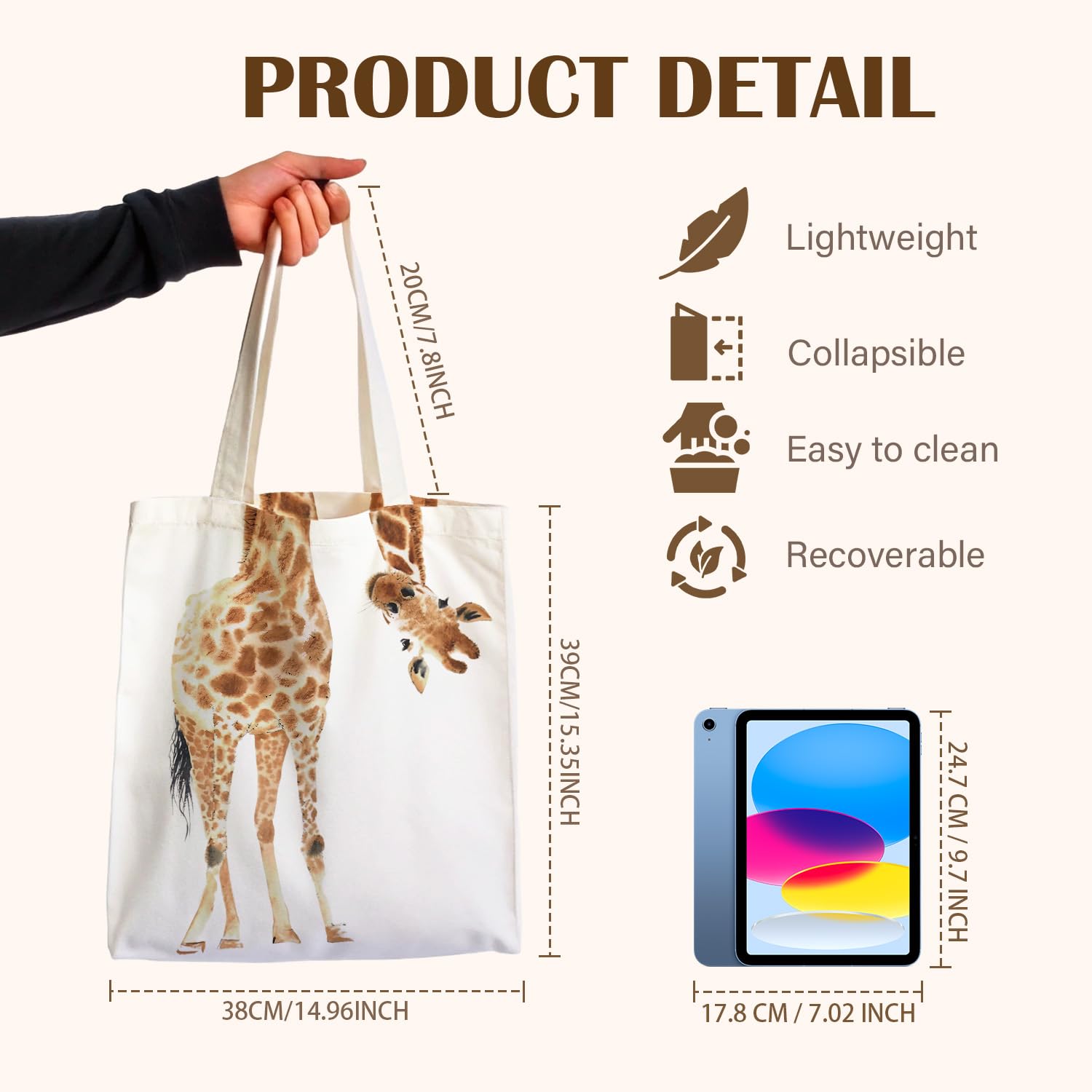 KBRCT jirafa tote, interior amplio para compras y objetos personales.
