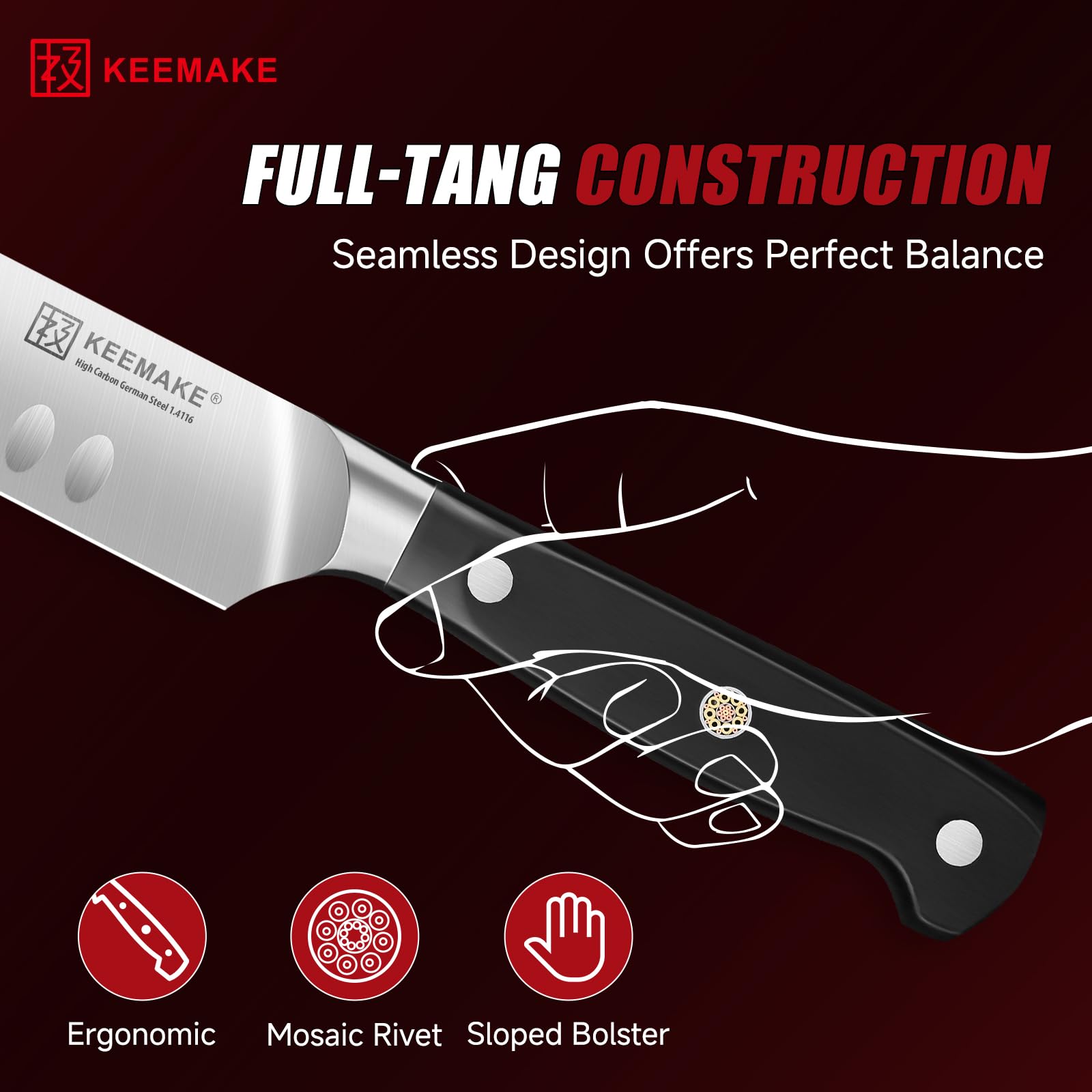 Acero al carbono alto 56+ RC en cuchillos KEEMAKE para filo duradero.