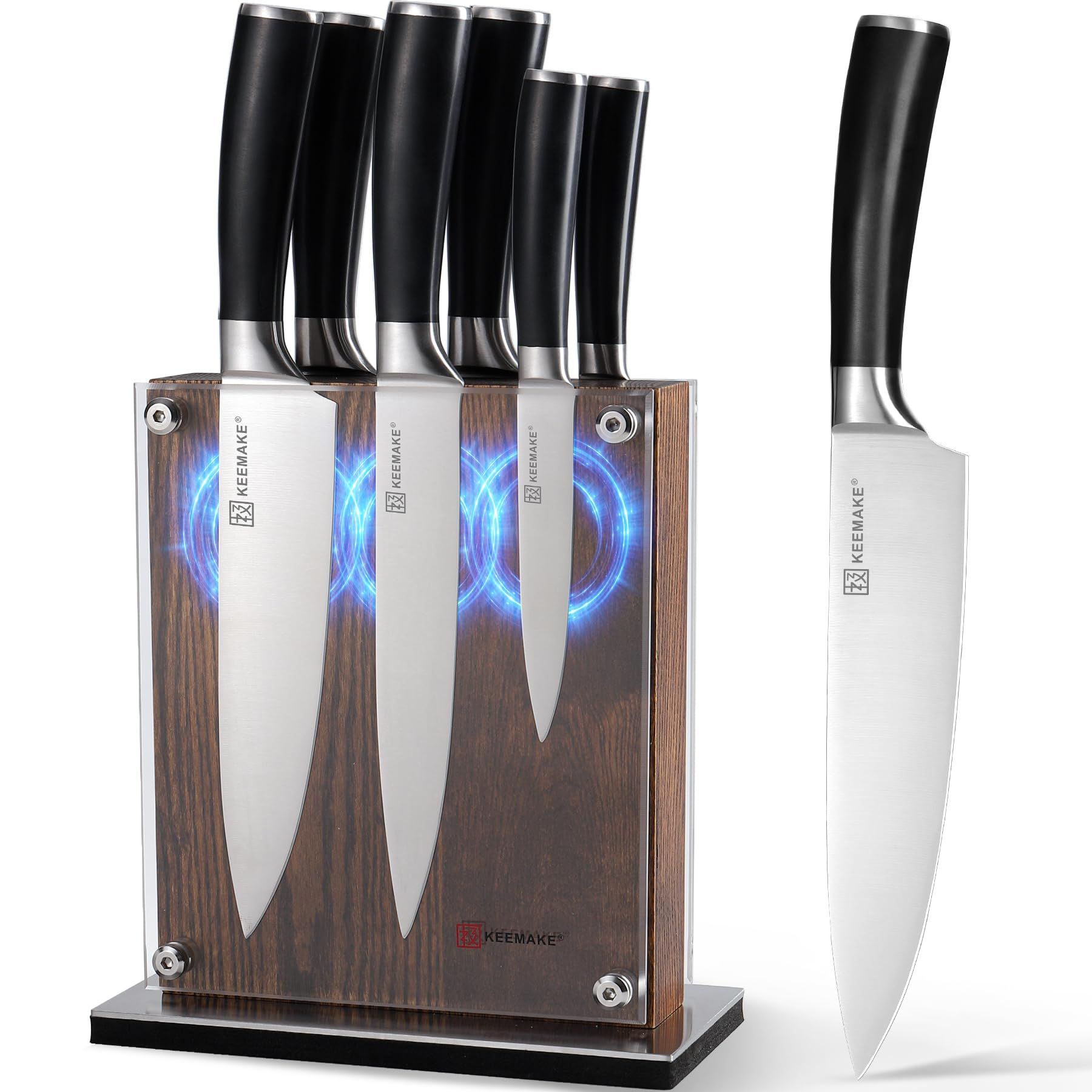 KEEMAKE conjunto de cuchillos de 7 piezas en bloque magnético, para acceso rápido y orden en la cocina.