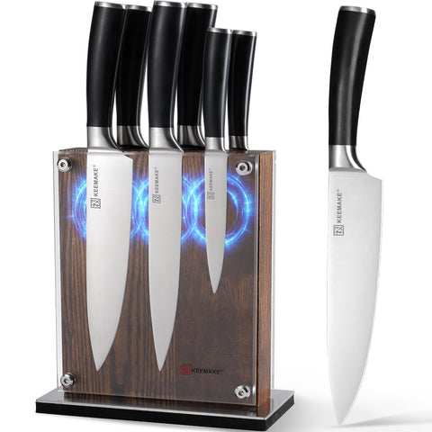 KEEMAKE conjunto de cuchillos de 7 piezas en bloque magnético, para acceso rápido y orden en la cocina.