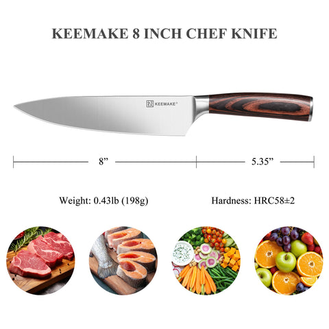 KEEMAKE cuchillo chef 8 pulgadas, mango pakkawood ergonómico para uso cómodo