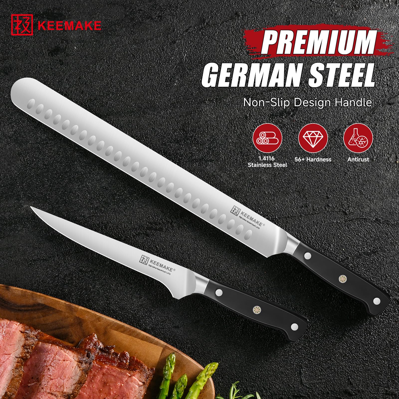 Hoja con diseño Granton KEEMAKE que reduce fricción y evita que la carne se pegue.