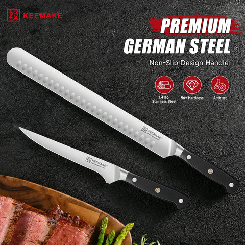 Hoja con diseño Granton KEEMAKE que reduce fricción y evita que la carne se pegue.