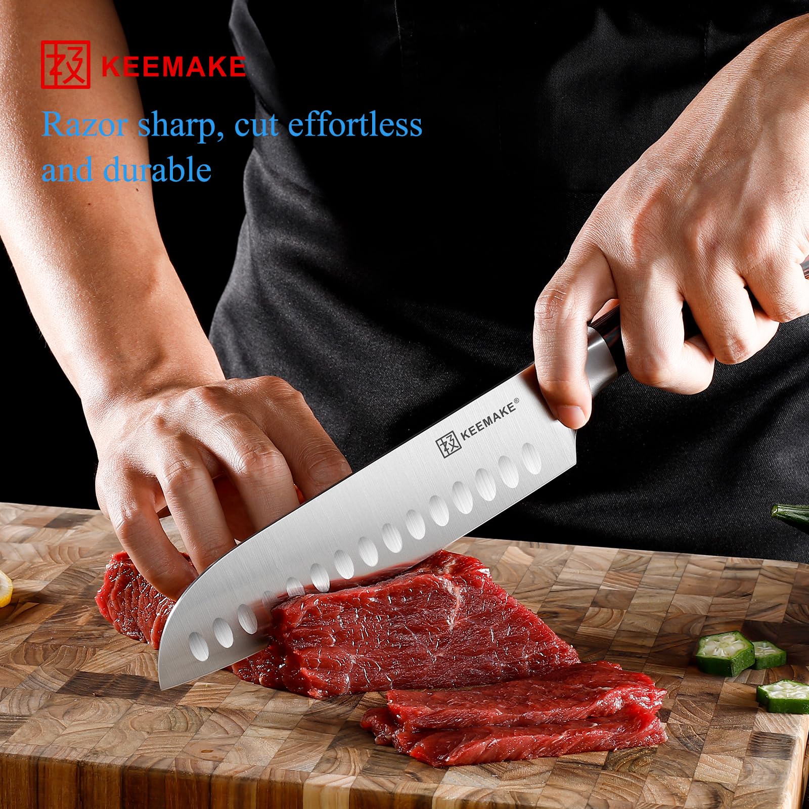 KEEMAKE Santoku con mango Pakkawood ergonómico para uso cómodo