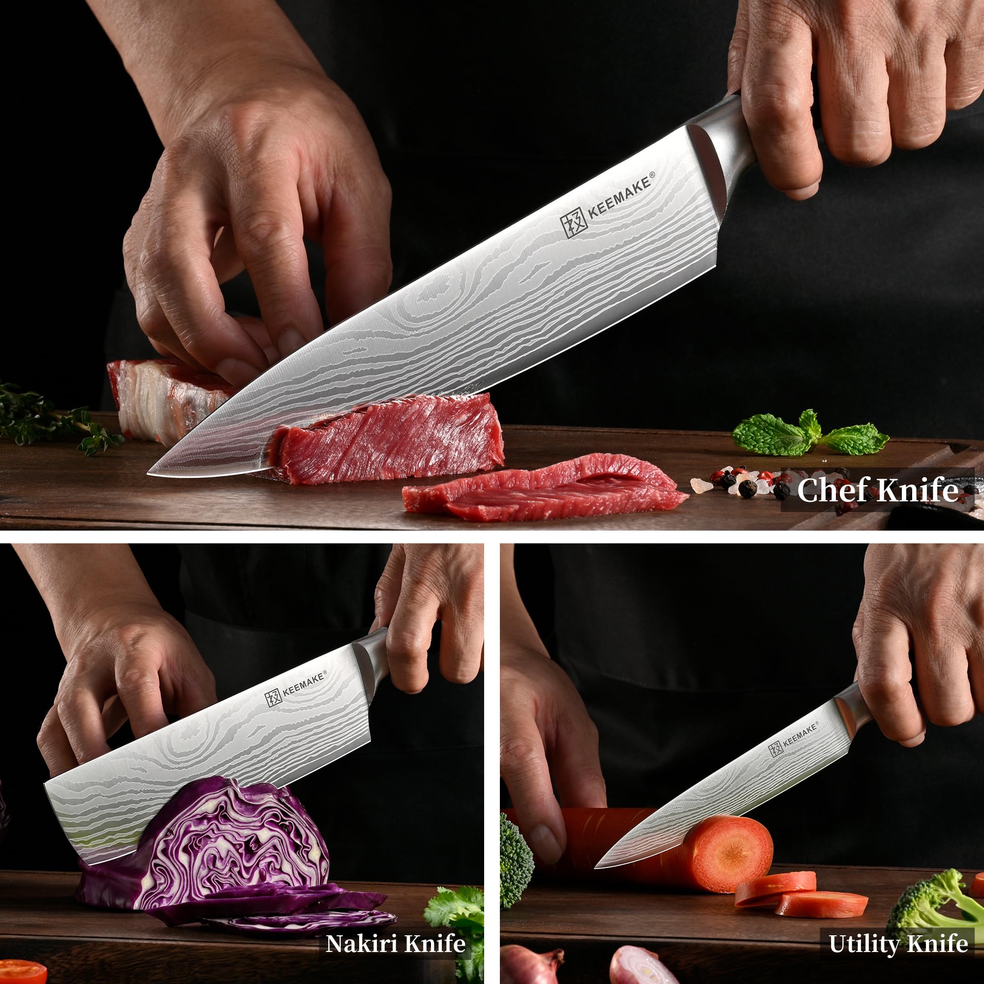 KEEMAKE conjunto de cuchillos en caja regalo elegante para chefs principiantes.