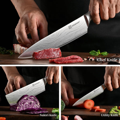KEEMAKE conjunto de cuchillos en caja regalo elegante para chefs principiantes.