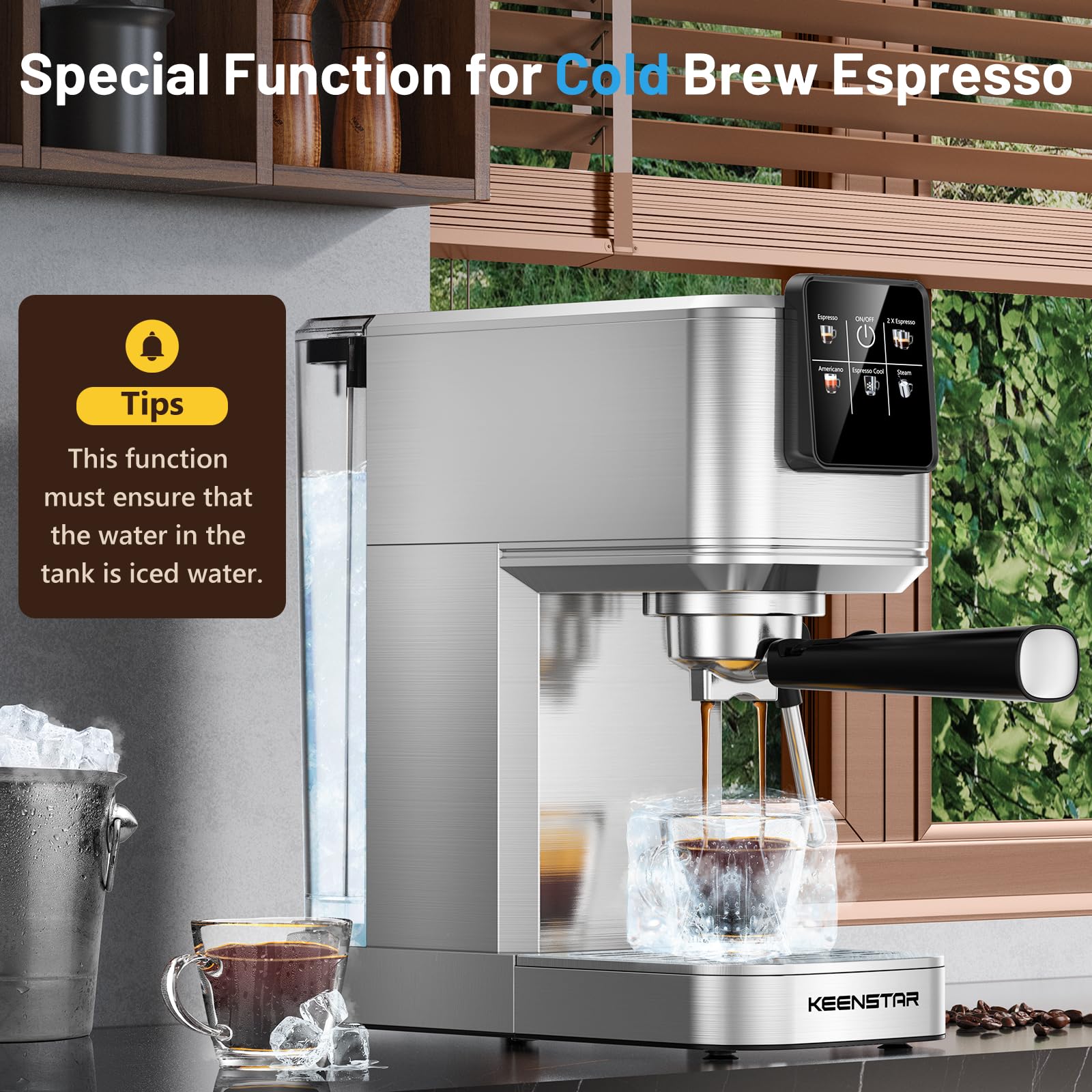 Keenstar cafetera espresso 20 bares, depósito de agua desmontable para rellenar fácilmente.