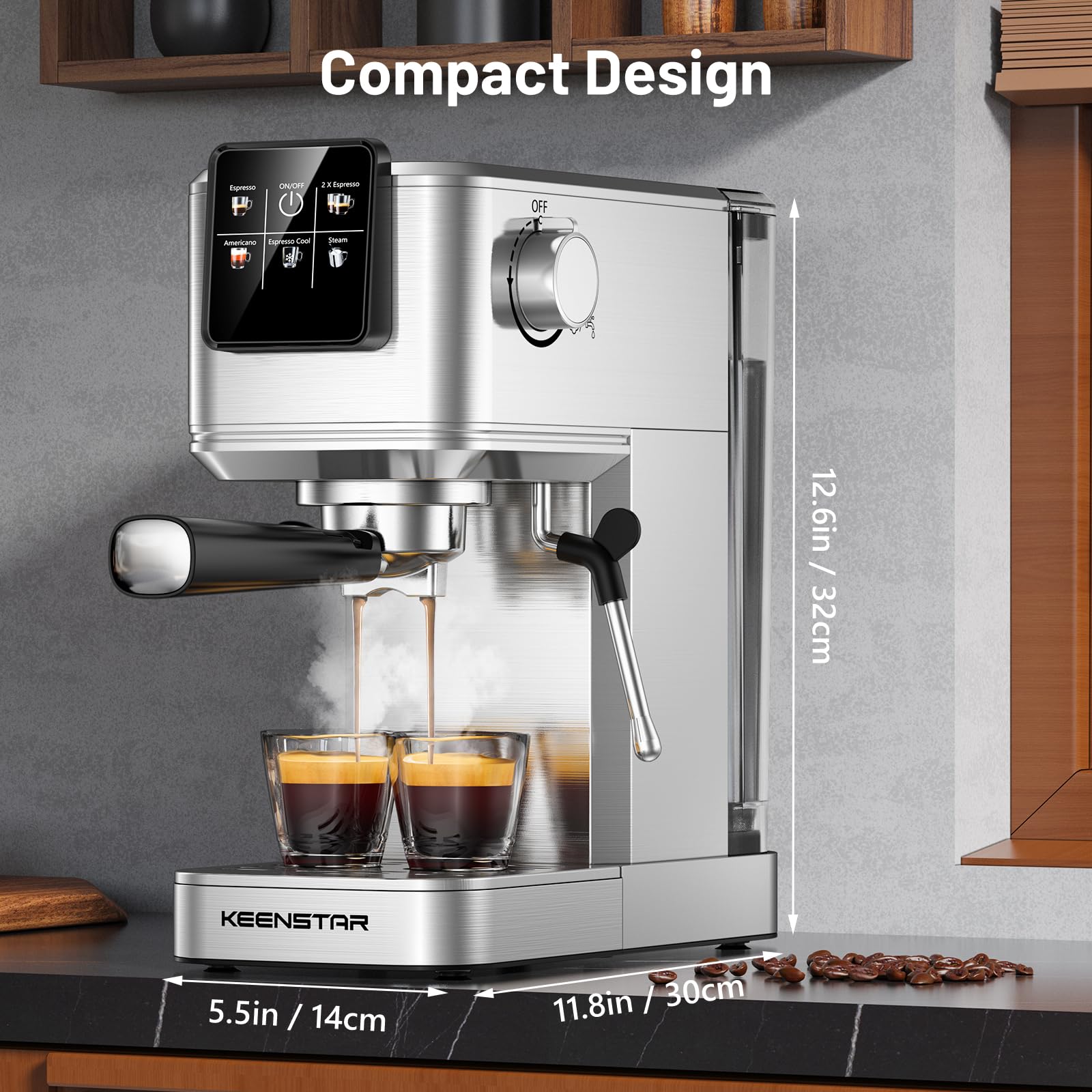 Keenstar cafetera espresso 20 bares, diseño compacto en acero para cocina moderna.