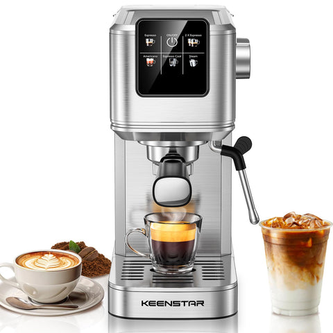Keenstar cafetera espresso 20 bares, vista frontal elegante en acero inoxidable.