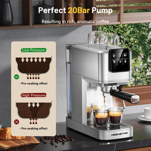 Keenstar cafetera espresso 20 bares, preinfusión para sabor más intenso.