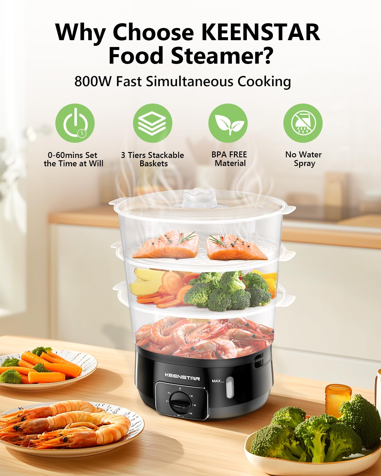 KEENSTAR cestas-vapor-apilables facilita cocinar múltiples alimentos sin mezclar sabores