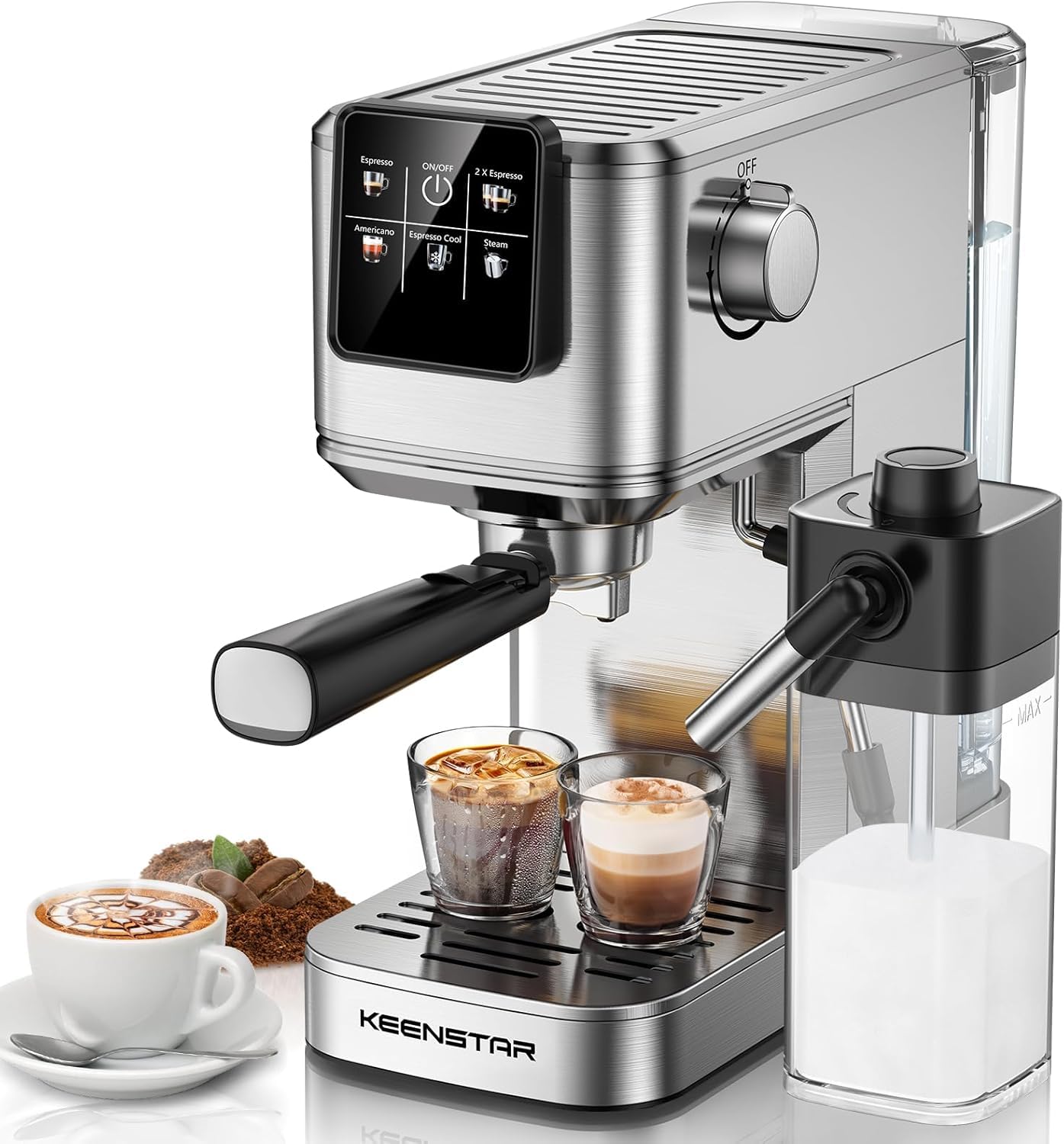 KEENSTAR Espresso: visión frontal de la máquina en acero inoxidable, ideal para cocinas modernas.