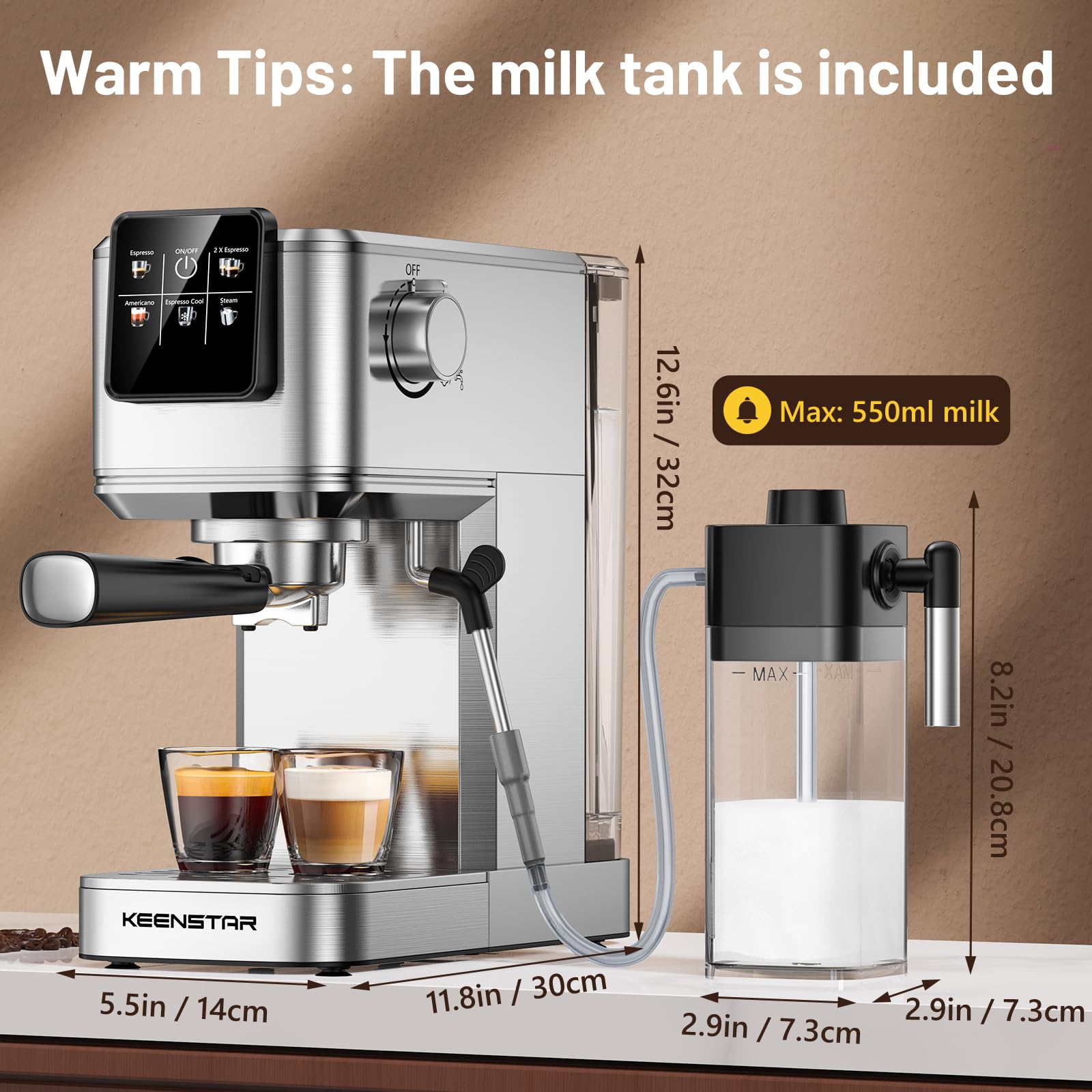 KEENSTAR Espresso: preinfusión optimiza la extracción para un espresso aromático.