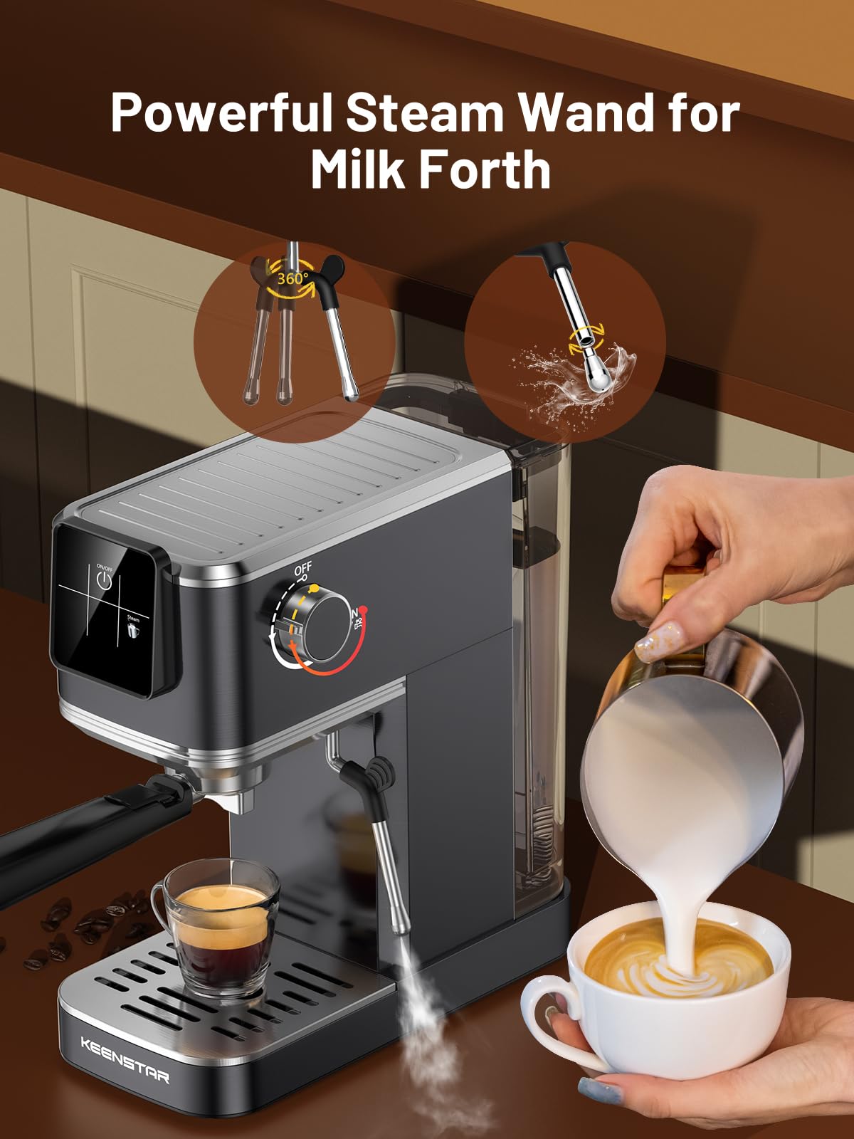 KEENSTAR Lanza de vapor para leche cremosa y arte en latte.