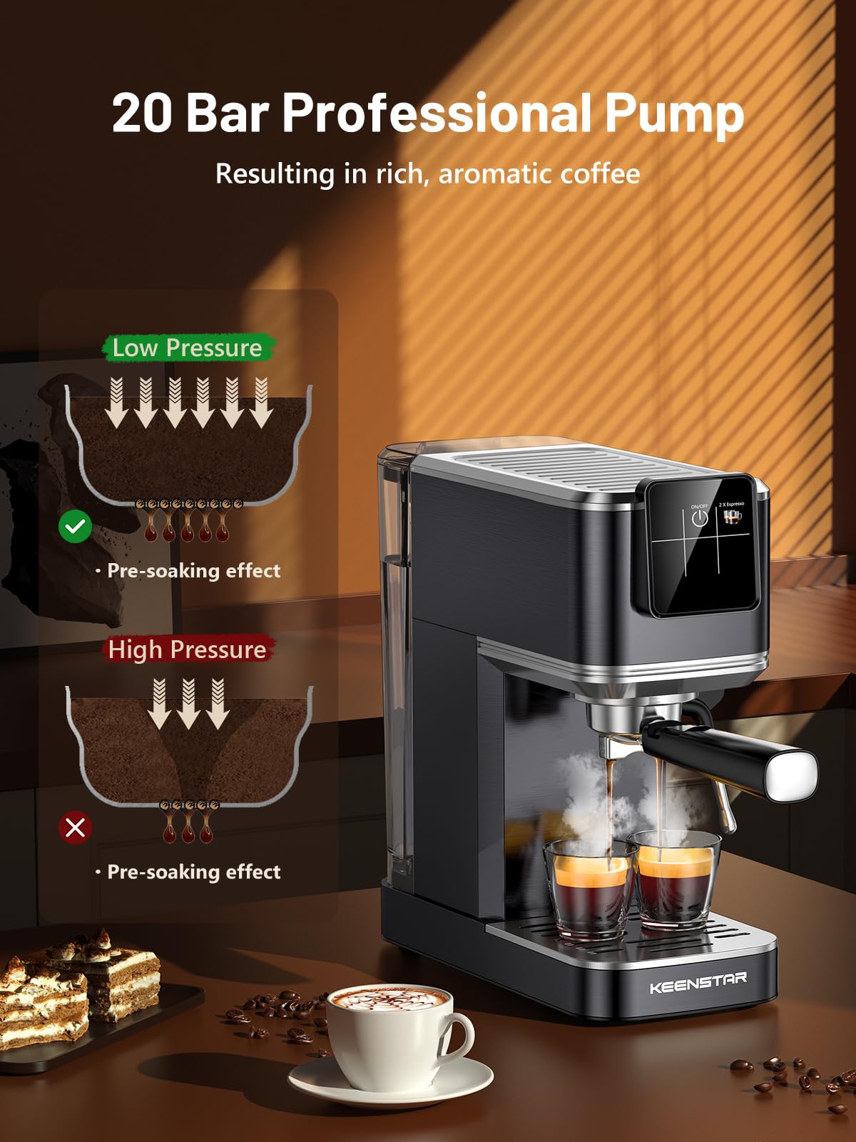 KEENSTAR Tecnología de preinfusión para sabor más uniforme en cada taza.