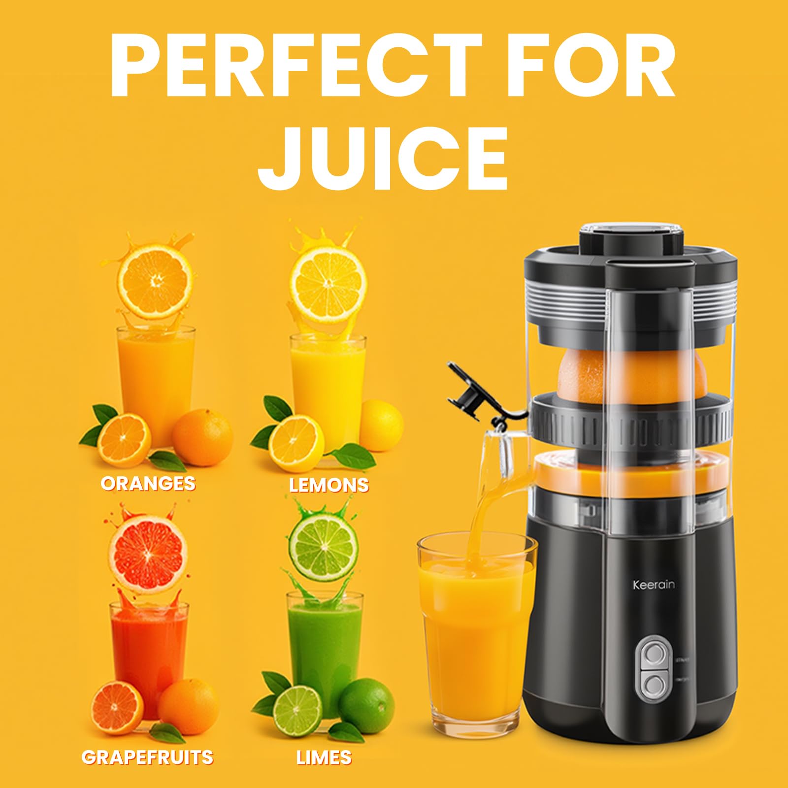 Keerain exprimidor eléctrico naranja taza recolectora, jugo fresco al instante.