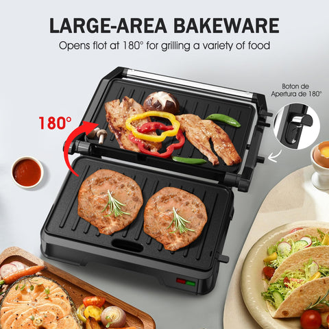 KEINVE prensa sándwich abre a 180 grados, superficie plana para desayunos.