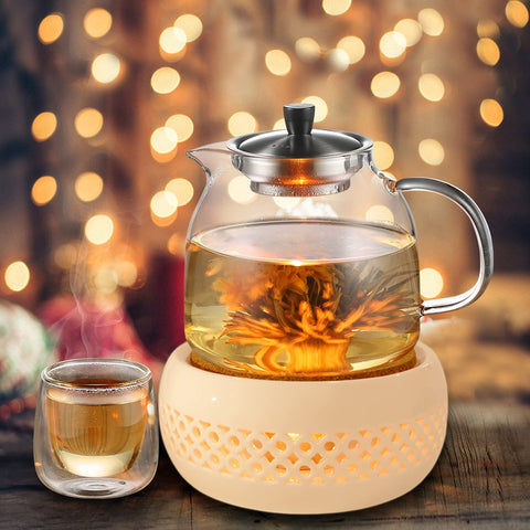 KEISSCO calentador tetera vidrio con vela, crea ritual cálido para el té.