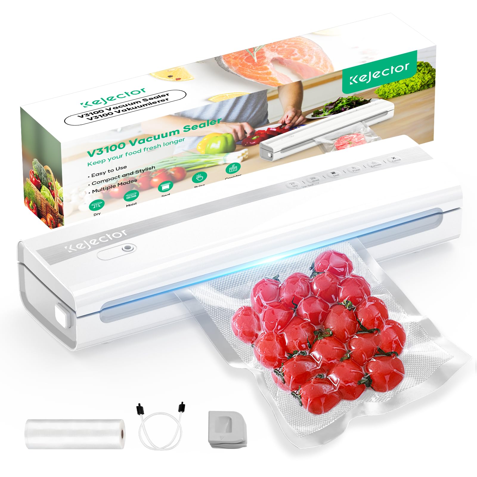 Kejector seladora al vacío compacta en acción para conservar frescura de alimentos