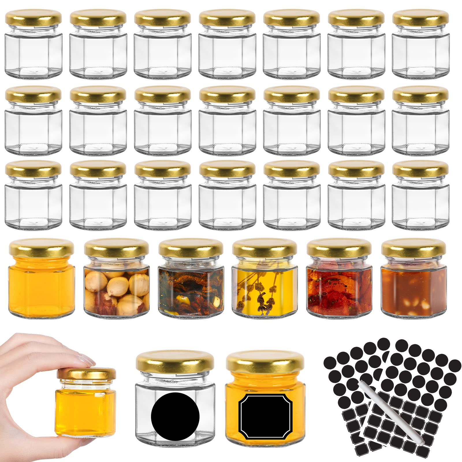 Keketin botes hexagonales de 45 ml con tapa dorada, ideal para conservas