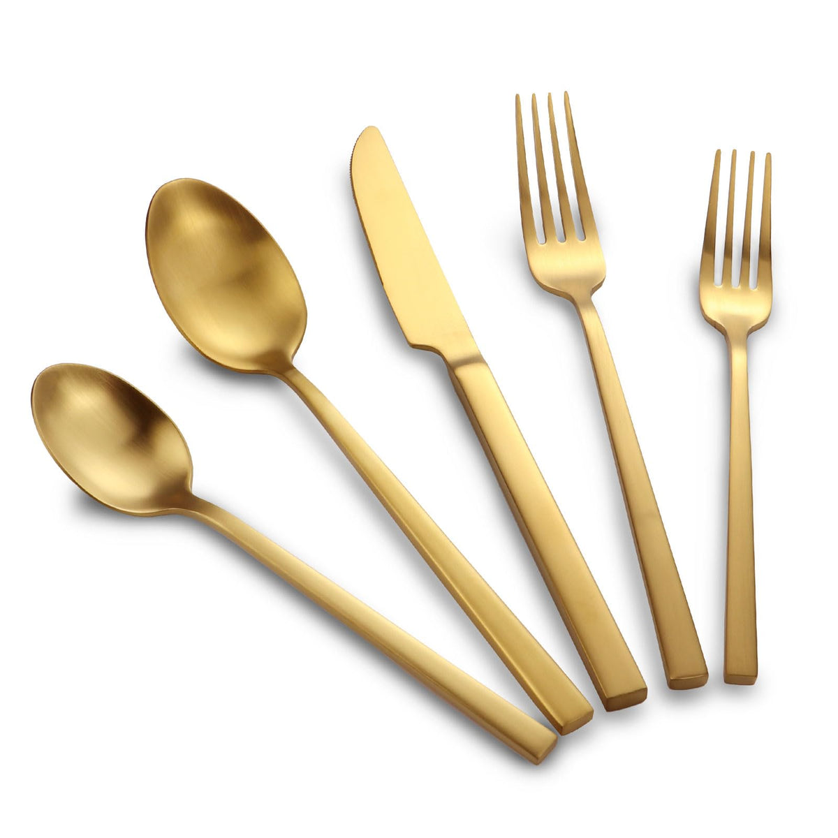 Kelenfer set de cubiertos dorados con mango cubo para mesa elegante.