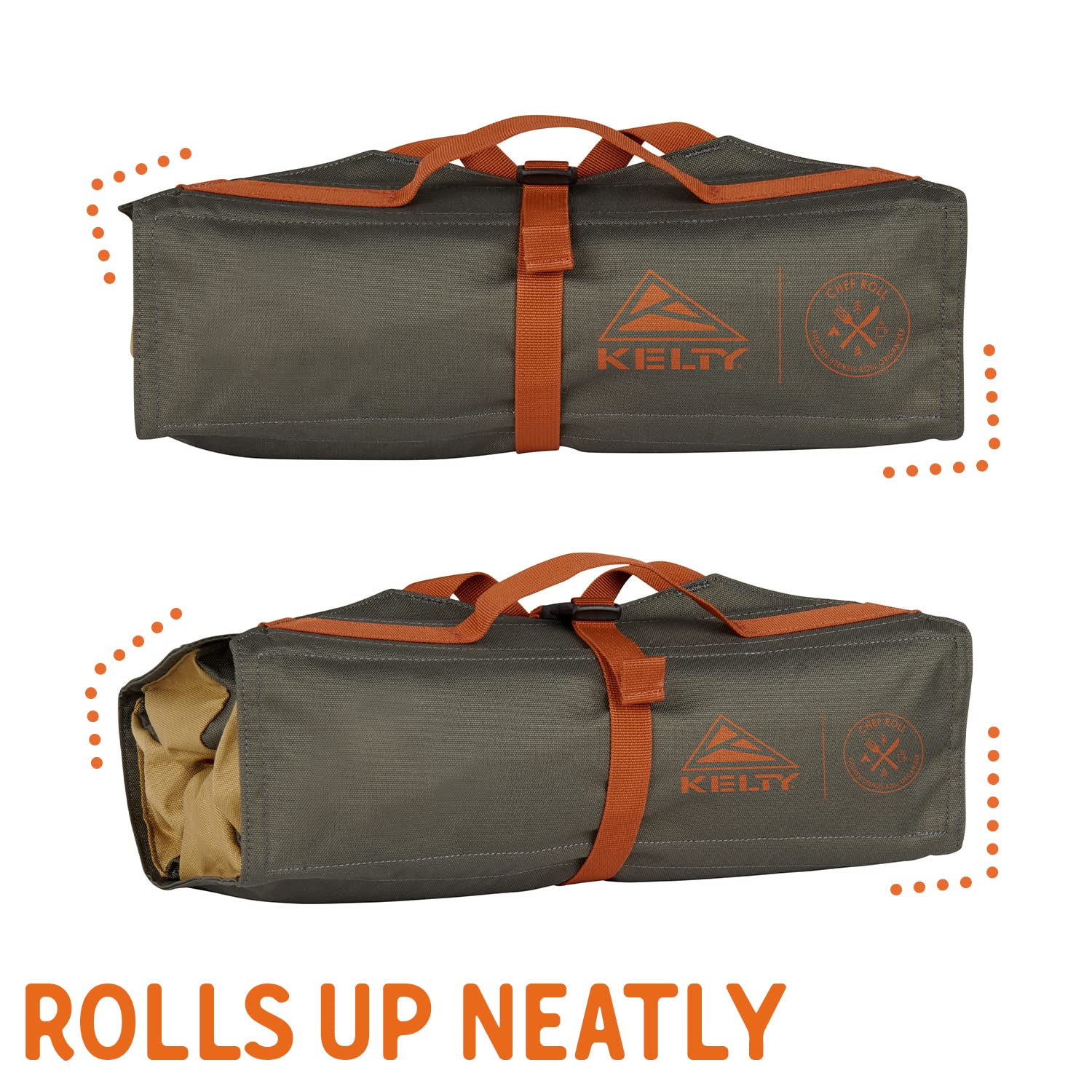 Kelty Chef Roll muestra dimensiones en uso y peso ligero para transporte.