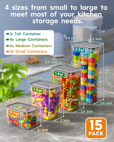 Contenedores KEMETHY transparentes en varios tamaños para identificar ingredientes rápidamente.