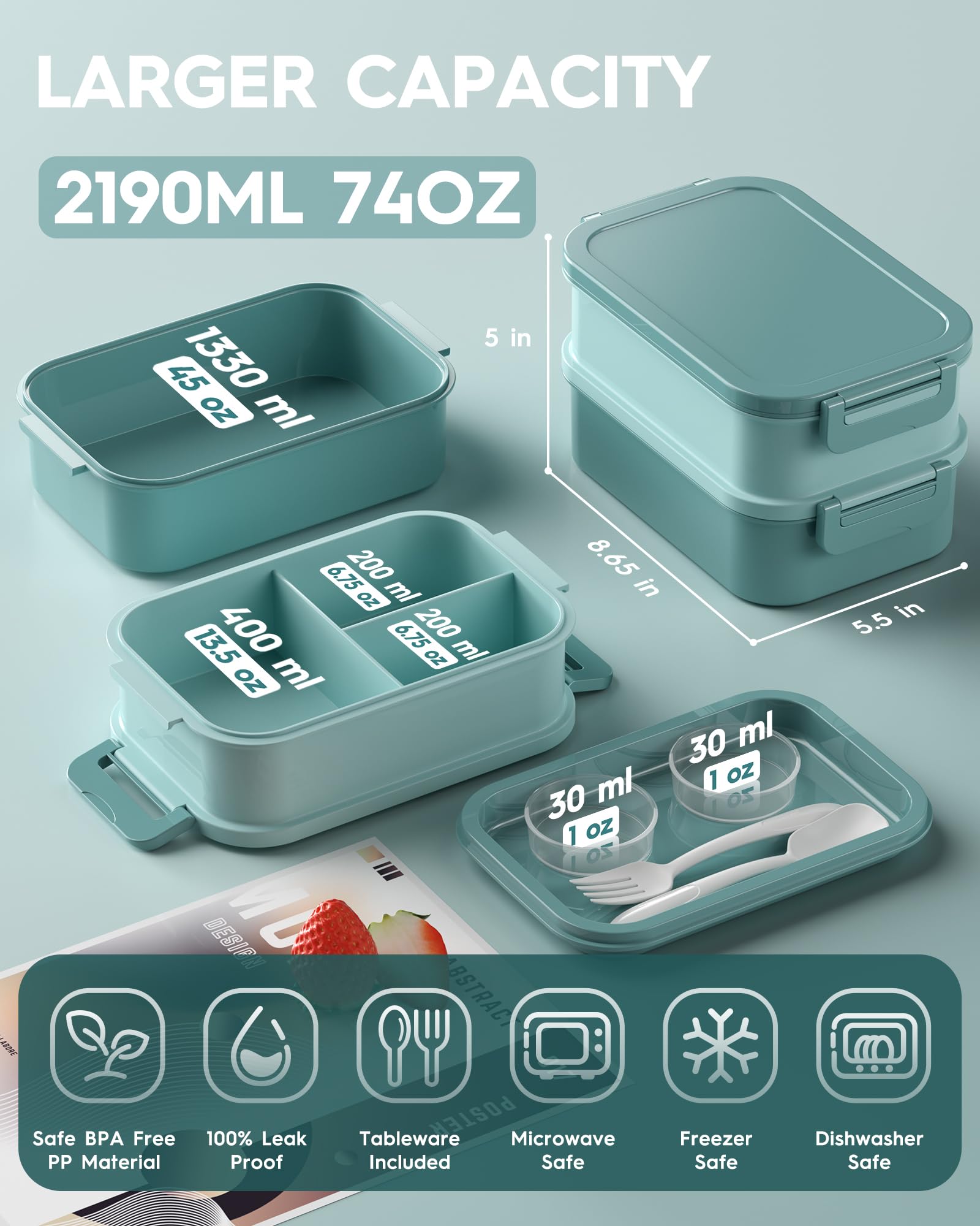 KEMETHY lunchbox de 74 onzas para comidas completas fuera de casa.