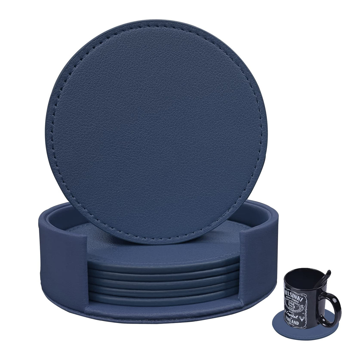Kemmper posavasos cuero suave redondo azul marino 6 unidades protege la mesa