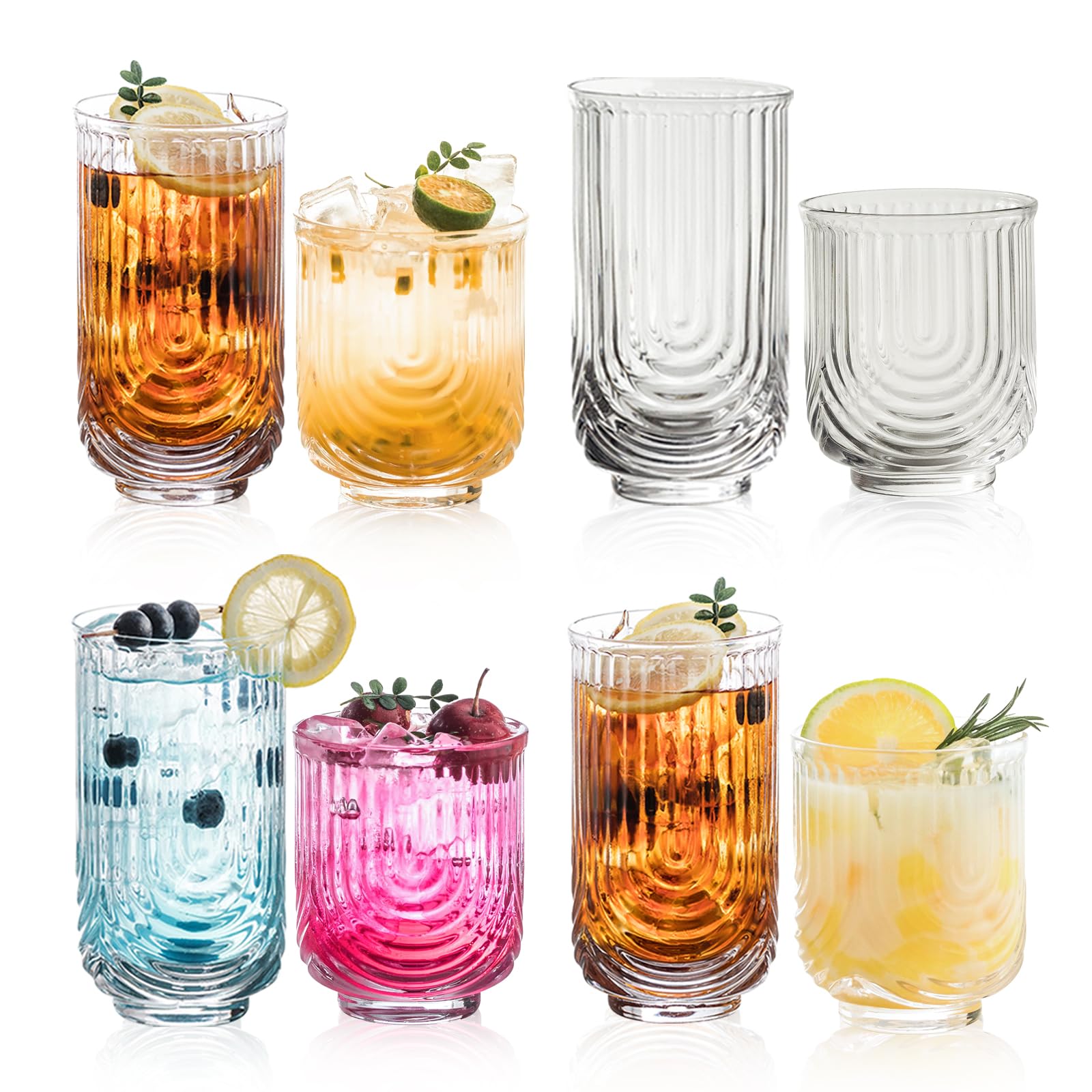 Conjunto de 8 vasos Kemorela Art Deco estriados, estilo contemporáneo para casa.